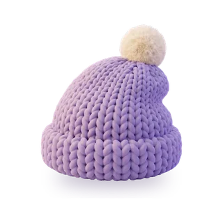A knitted lilac beanie with a cream pom-pom.