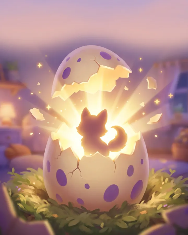 A spotted egg cracks open in a nest at dusk, and golden light spills out around the silhouette of a small fox-like creature.