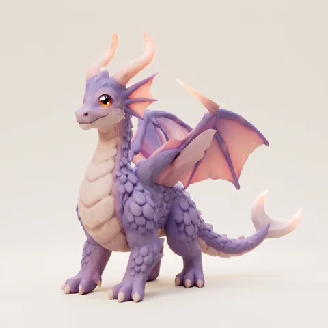 Kindrake, a violet dragon with soft wings and a curled crescent tail.